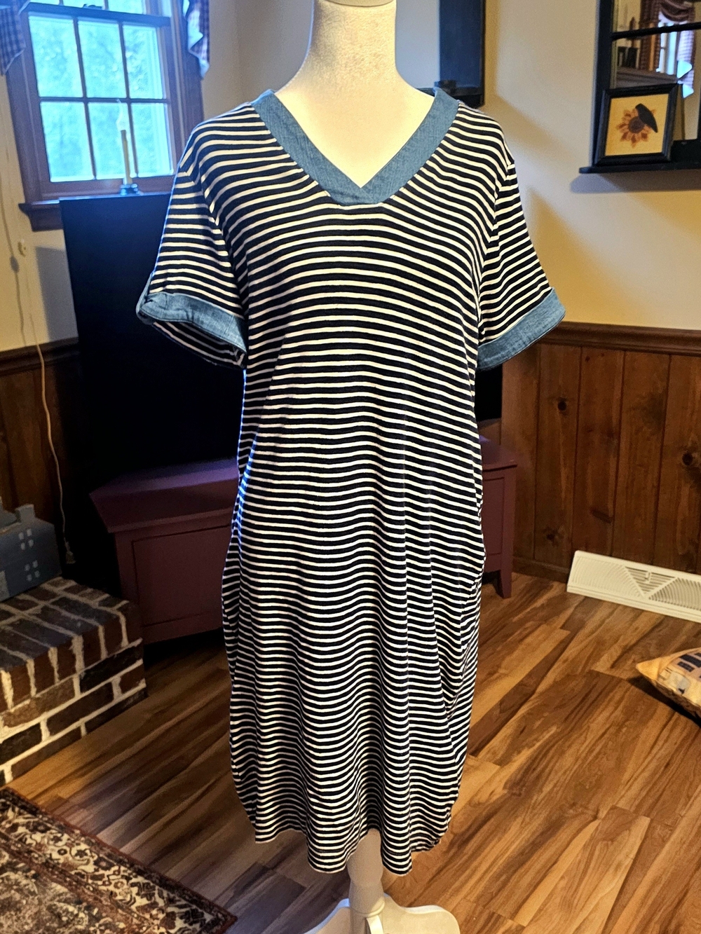 Chico's Black & White Striped V‑Neck Midi Dress with Denim Trim